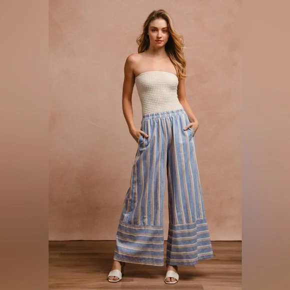 BiBi Striped Wide Leg Pants with Pockets